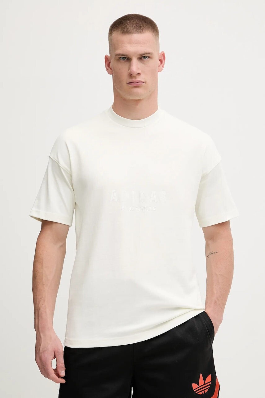 Bavlnené tričko adidas All SZN pánske, béžová farba, s nášivkou, JL6552