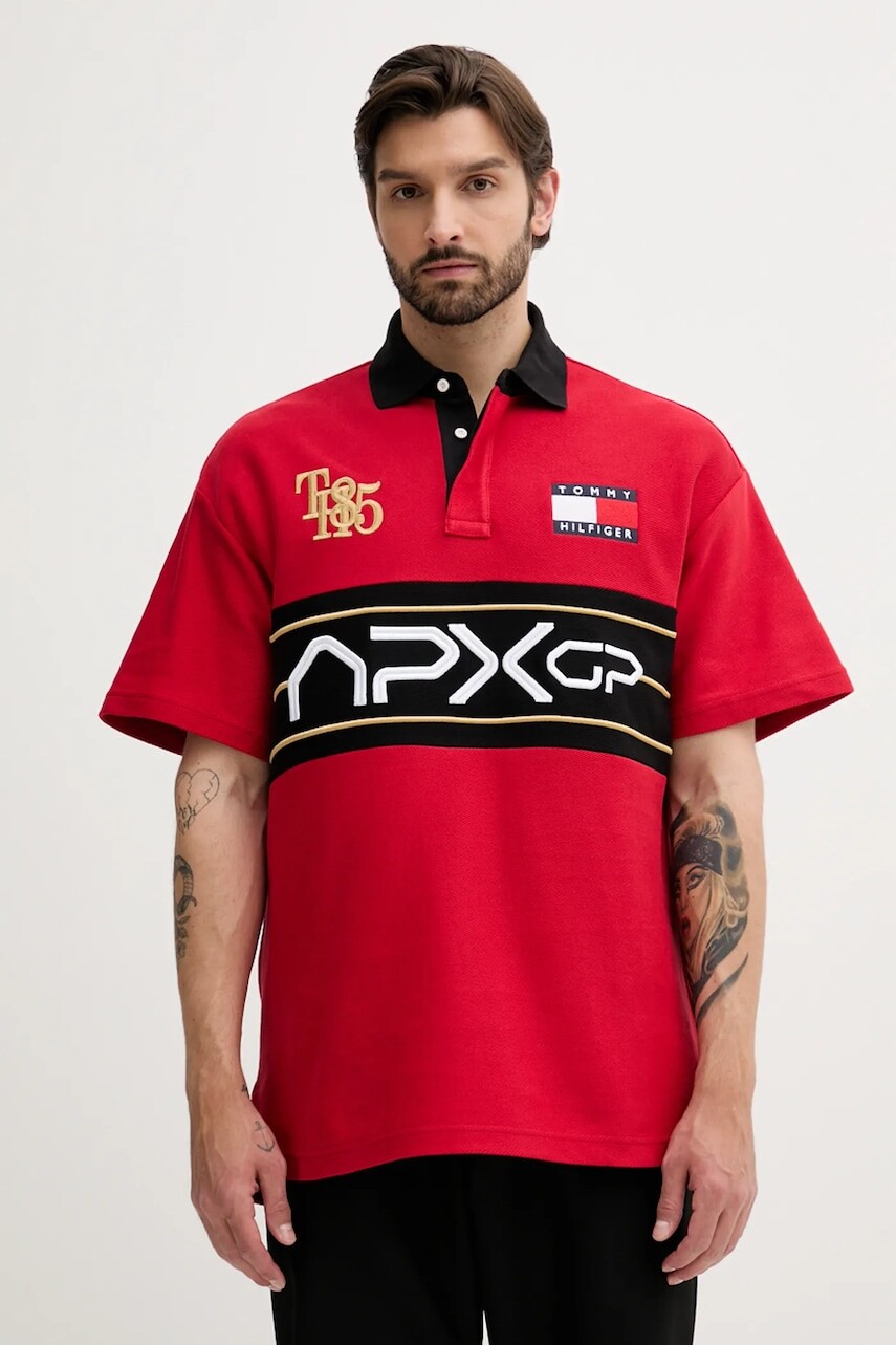 Bavlnené polo tričko Tommy Hilfiger x F1 THE MOVIE červená farba, vzorované, MW0MW41393