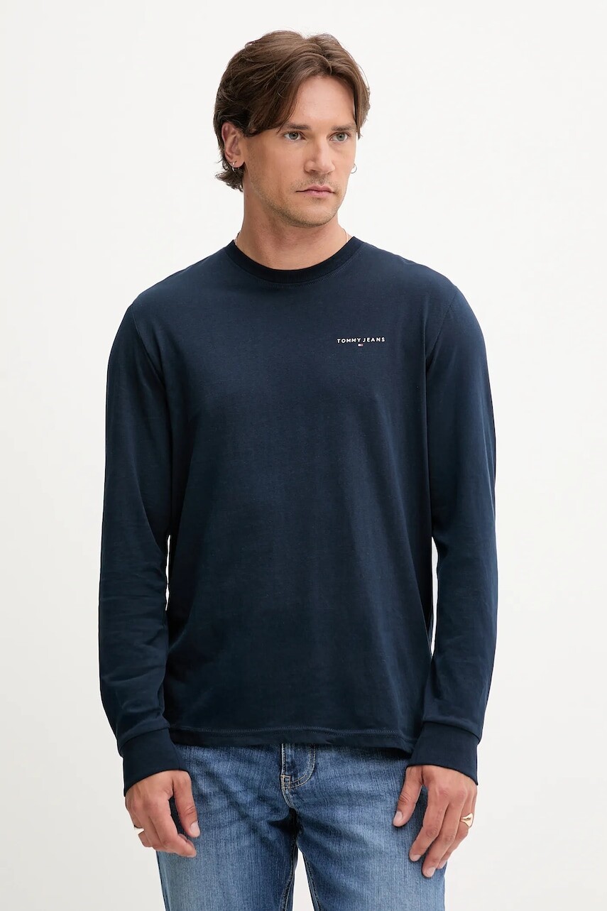 Bavlnené tričko s dlhým rukávom Tommy Jeans tmavomodrá farba, s potlačou, DM0DM21594