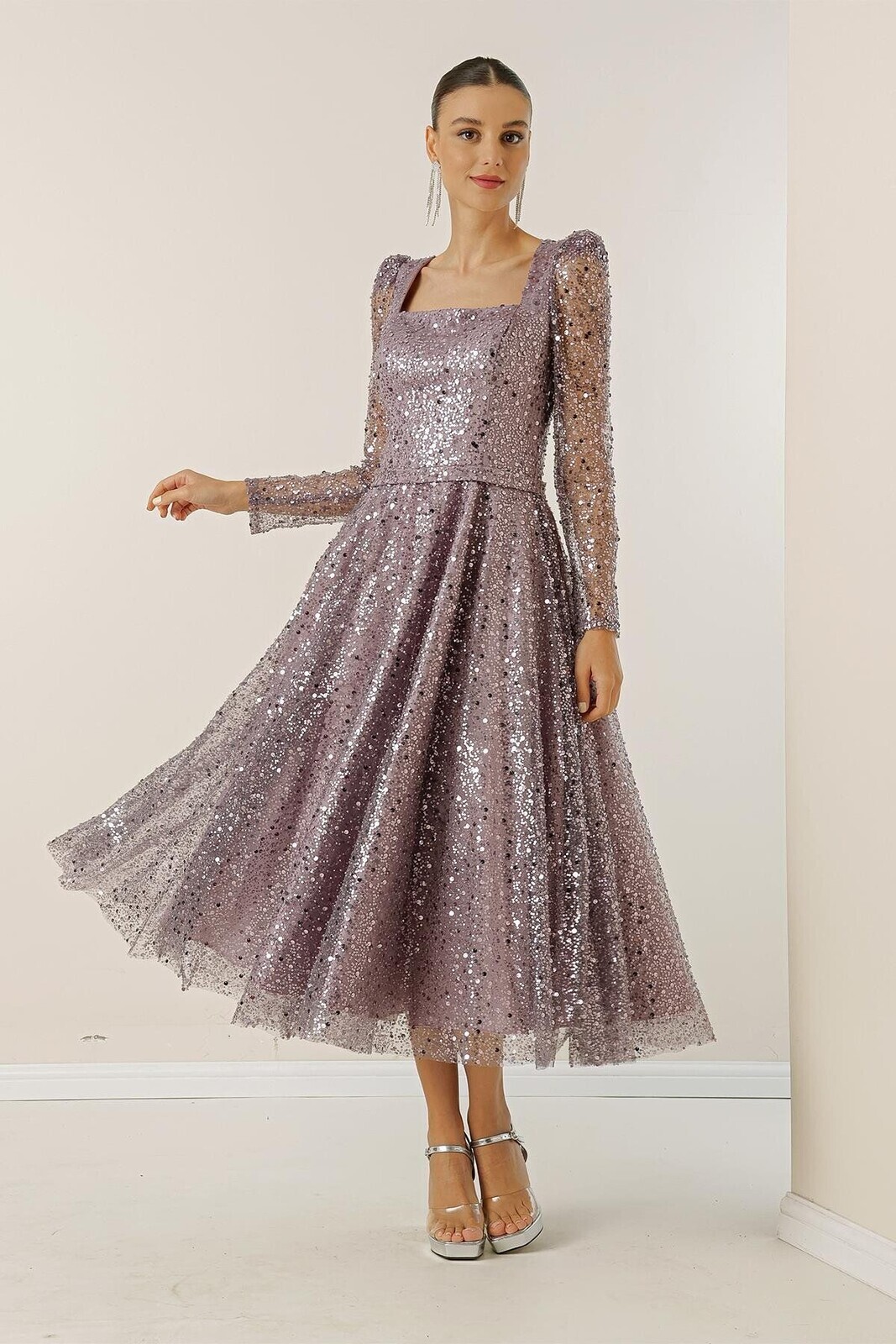 By Saygı Square Neck Long Sleeve Lined Sequined Beaded Dress