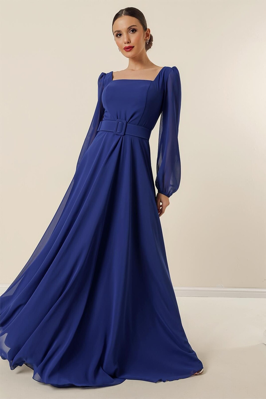 By Saygı Square Neck Belted Waist Lined Chiffon Long Evening Dress