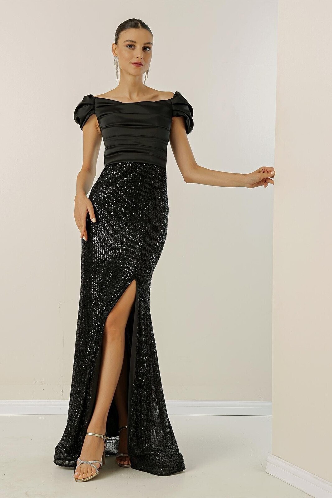 By Saygı Madonna Neck Low Sleeve Front Draped Astered Top Satin Bottom Sequined Long Dress
