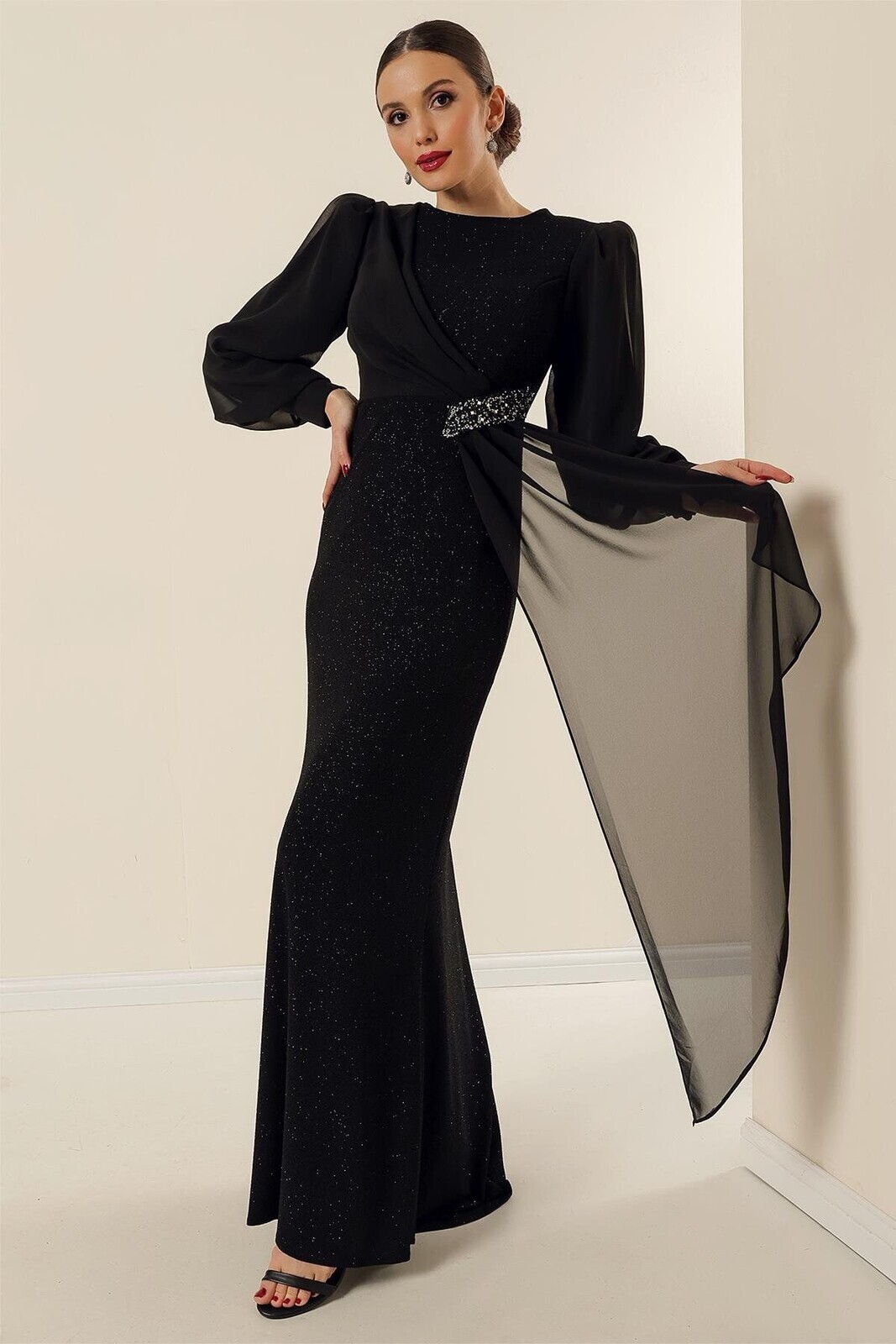 By Saygı Lycra Chiffon Detailed Lined Long Glitter Wide Size Dress with Stone Accessories at the Waist