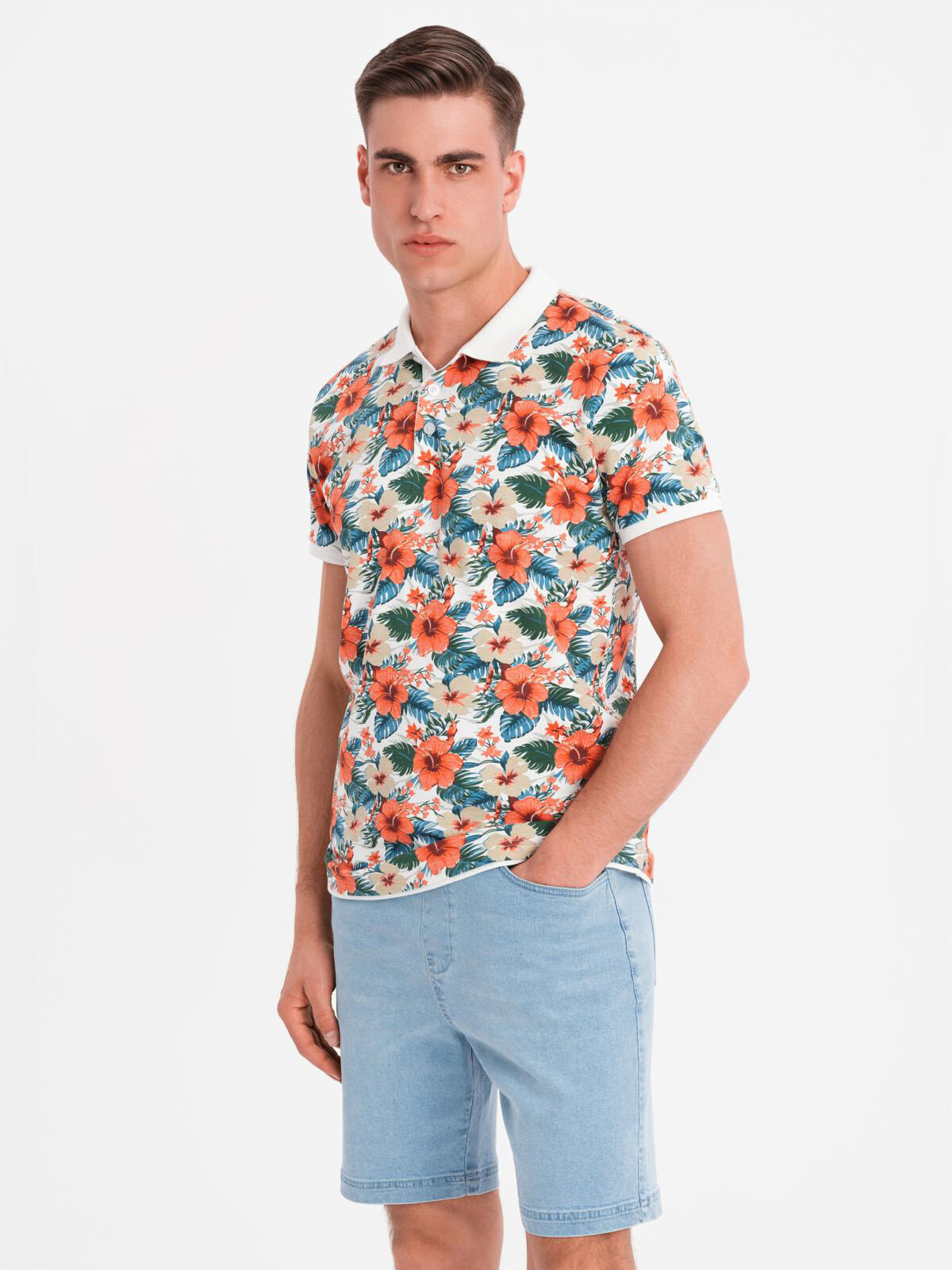 Ombre Cotton polo shirt with floral print - white