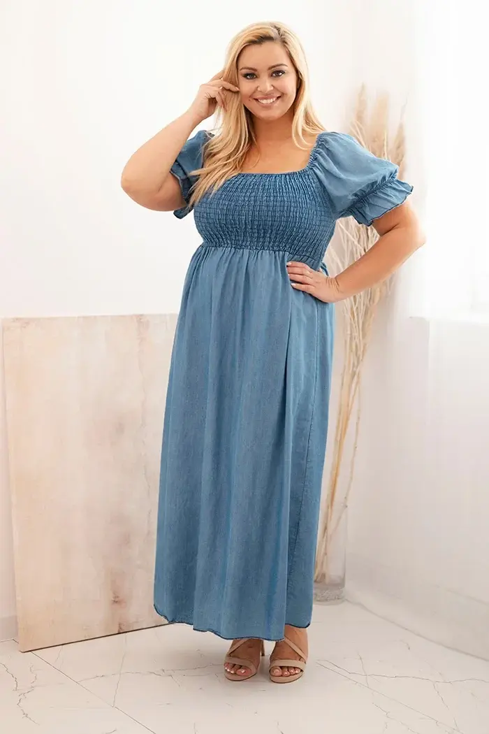 Kesi Włoski Dámske šaty plus size s krátkym rukávom a riasením z tencelu maxi džínsová