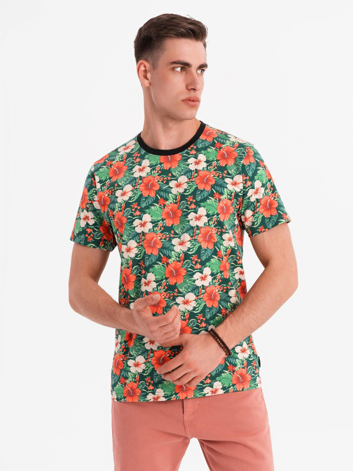 Ombre Men's full print floral pattern cotton t-shirt - black