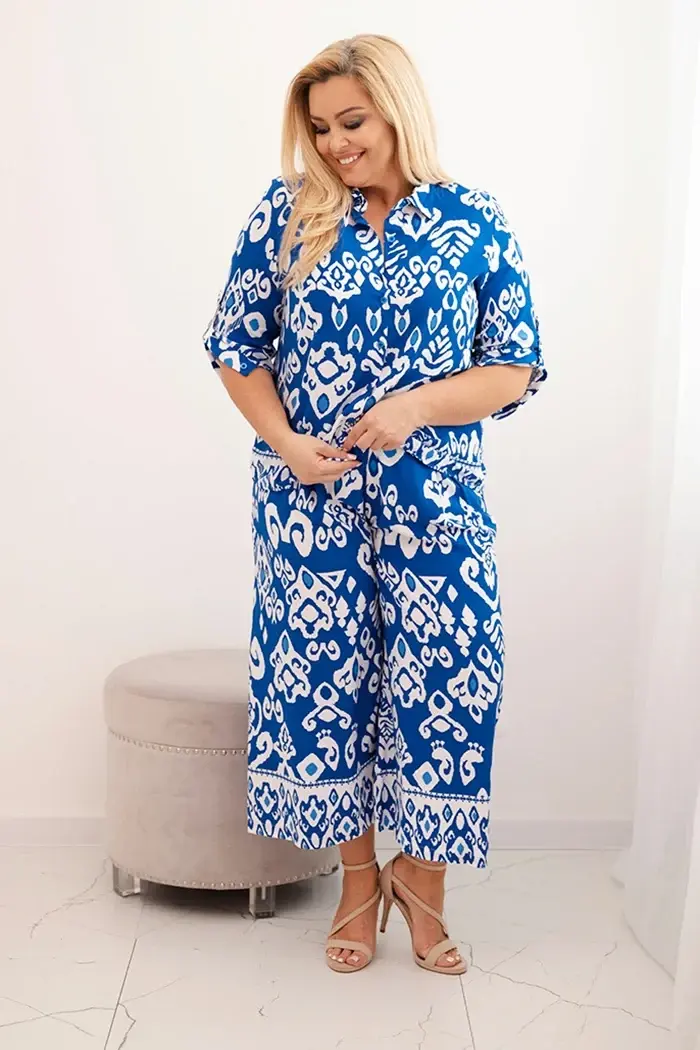Kesi Włoski Dámska viskózová súprava Plus Size s geometrickou potlačou nevädzová modrá