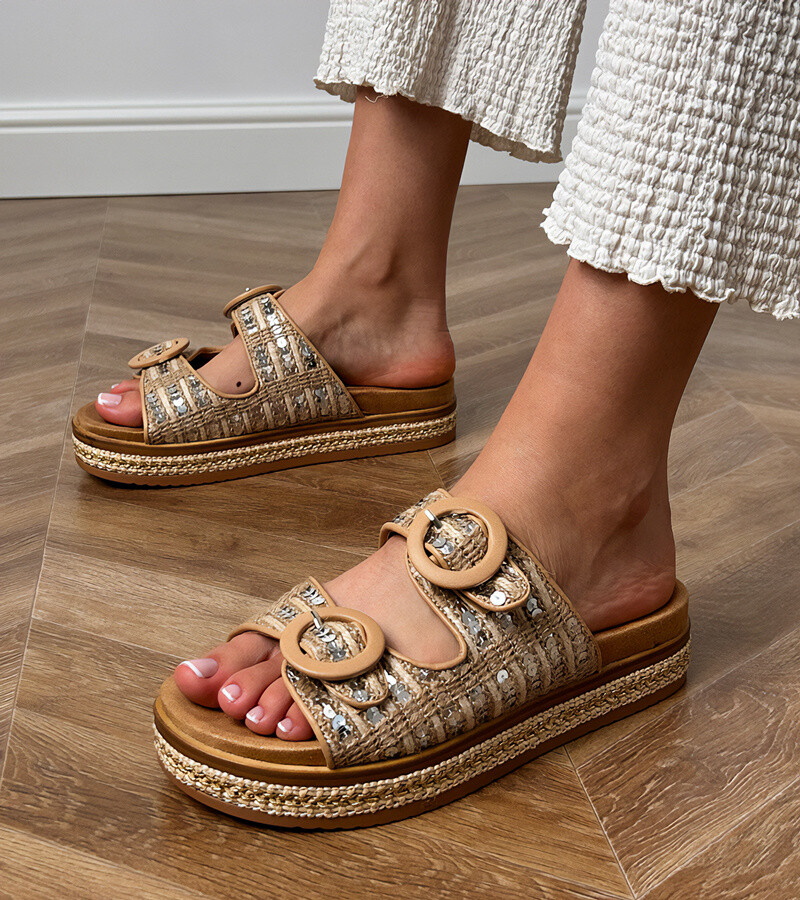 D/CEO Beige woven flip-flops with sequins on straps Lanora
