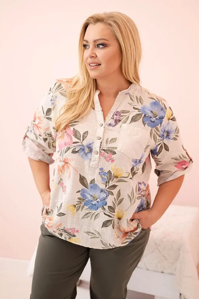 Kesi Włoski Dámska bavlnená blúzka Plus Size s kvetinovým vzorom béžová
