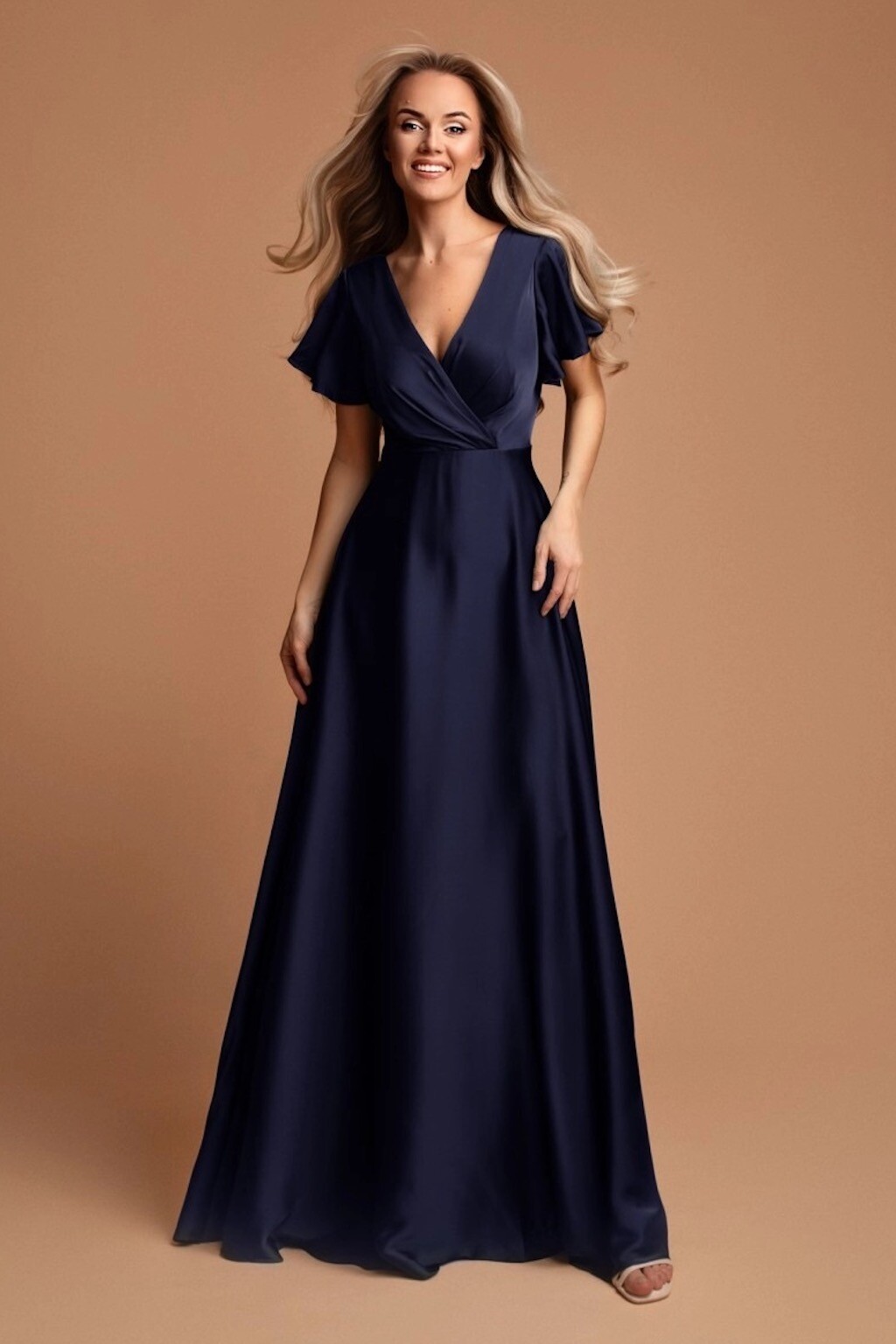 Tmavomodré saténové šaty s voľnými rukávmi Veľkosť: S