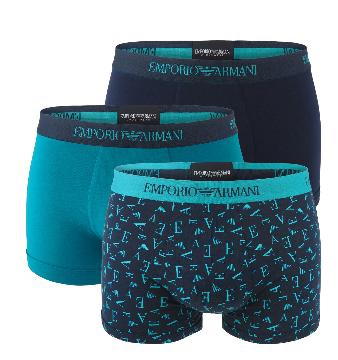 EMPORIO ARMANI - boxerky 3PACK pure cotton jersey baltic blu con nuovo moderno logo - limited edition