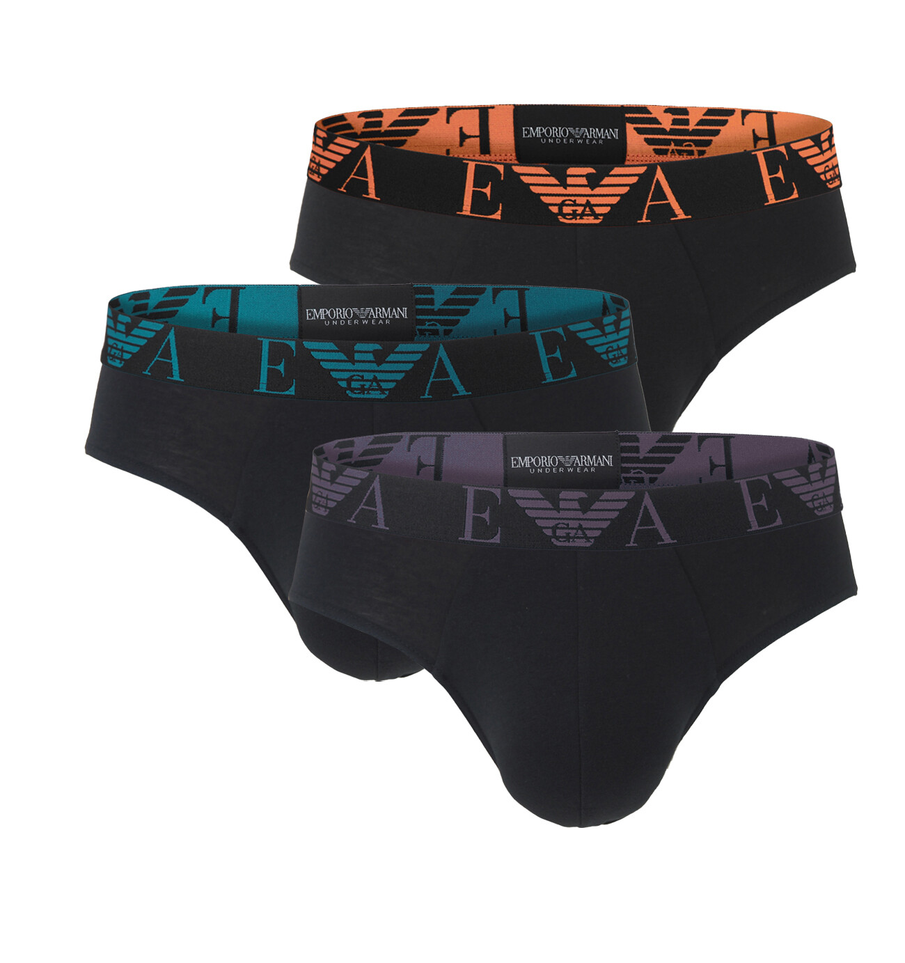 EMPORIO ARMANI - slipy 3PACK stretch cotton nero con viola & arancia Armani logo - limited edition