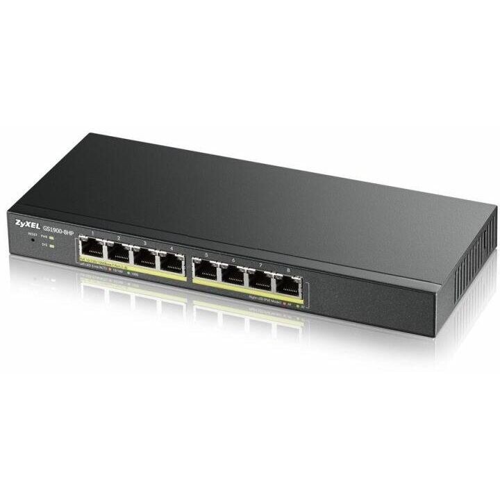 Zyxel GS1900-8HP, 8-port GbE L2 PoE Smart Switch, 802.3at, desktop, fanless, 70 Watt GS1900-8HP-EU0103F