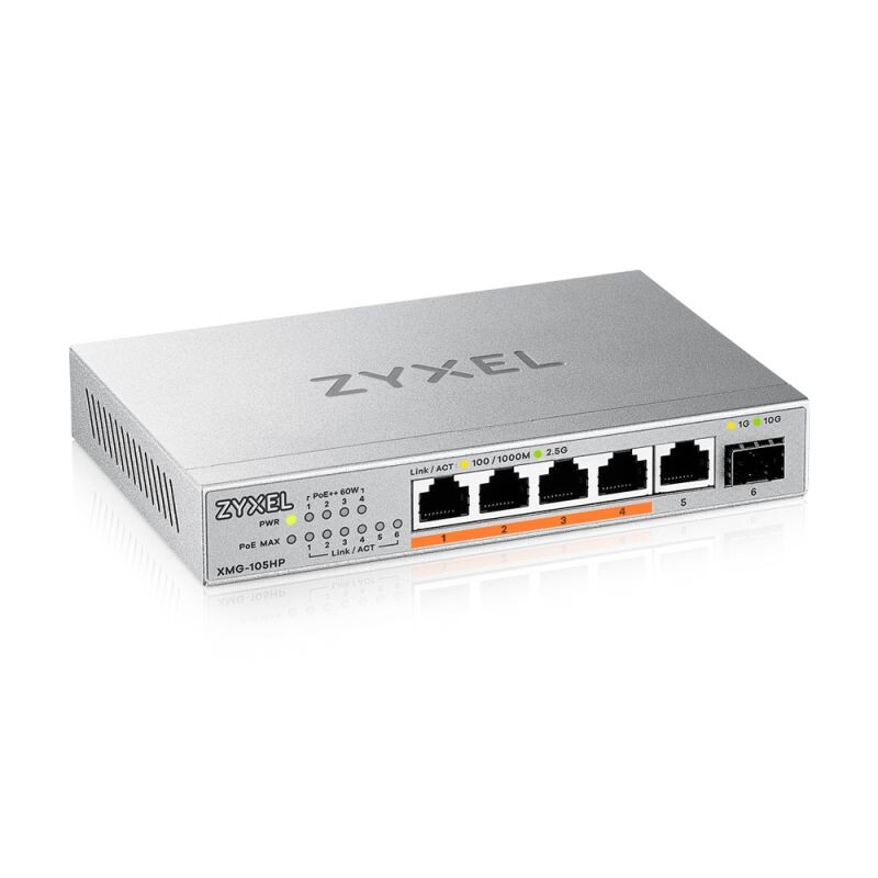 Zyxel XMG-105HP 5 Ports 2,5G + 1 SFP+, 4 ports 70W total PoE++ Desktop MultiGig unmanaged Switch XMG-105HP-EU0101F