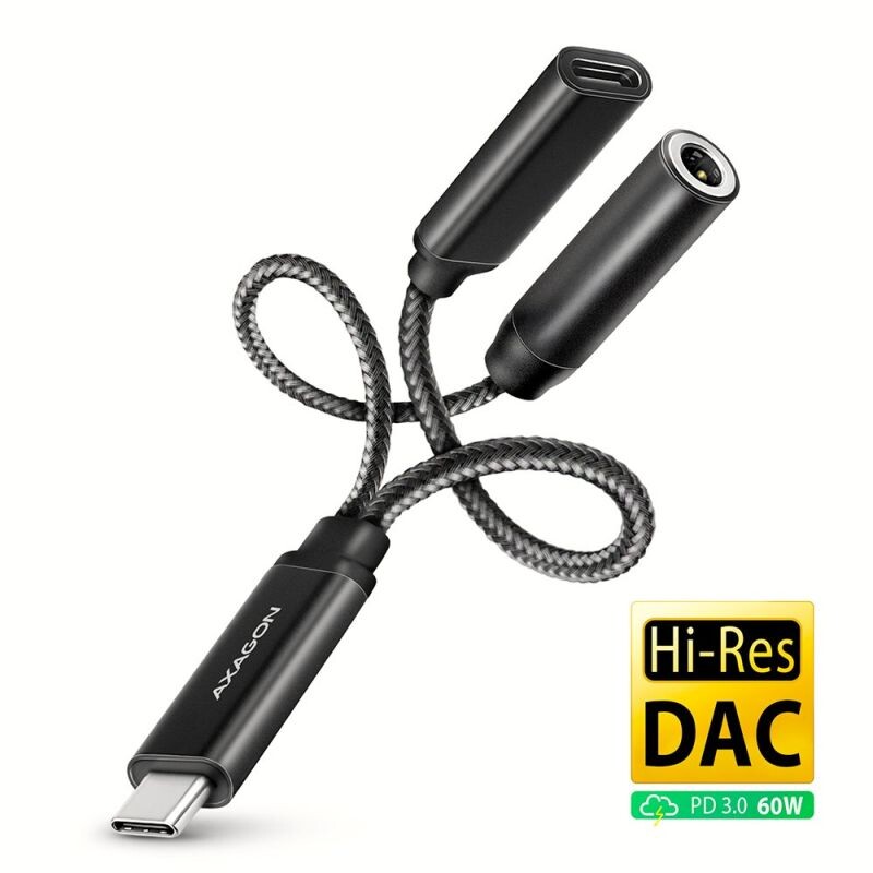 AXAGON ADA-HCPD, USB-C na 3.5mm jack - Hi-Res DAC audio adaptér, 384kHz32bit, stereo, PD 60W 3A ADA-HCPD