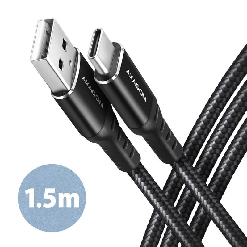 AXAGON BUCM-AM15AB, HQ kábel USB-C  USB-A, 1.5 m, USB 2.0, 3A, ALU, opletenie, čierny BUCM-AM15AB