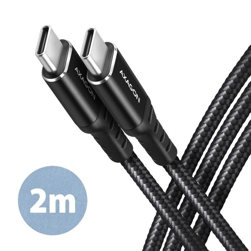 AXAGON BUCM-CM20AB, HQ kábel USB-C  USB-C, 2 m, USB 2.0, PD 60W 3A, ALU, opletenie, čierny BUCM-CM20AB