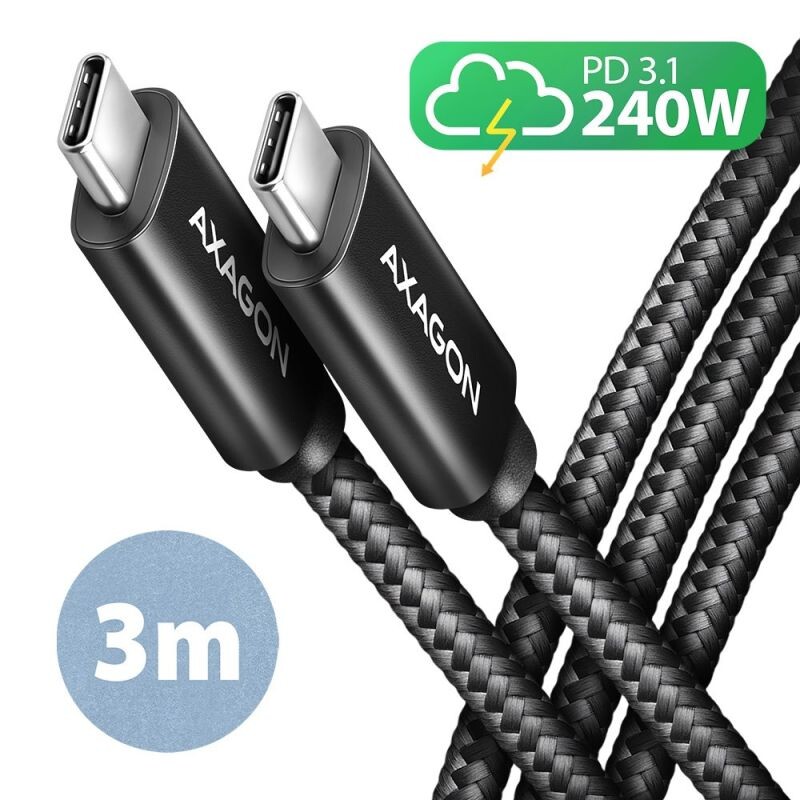 AXAGON BUCM2-CM30AB, CHARGE kábel USB-C  USB-C, 3m, Hi-Speed USB, PD 240W 5A, ALU, oplet, čierny BUCM2-CM30AB