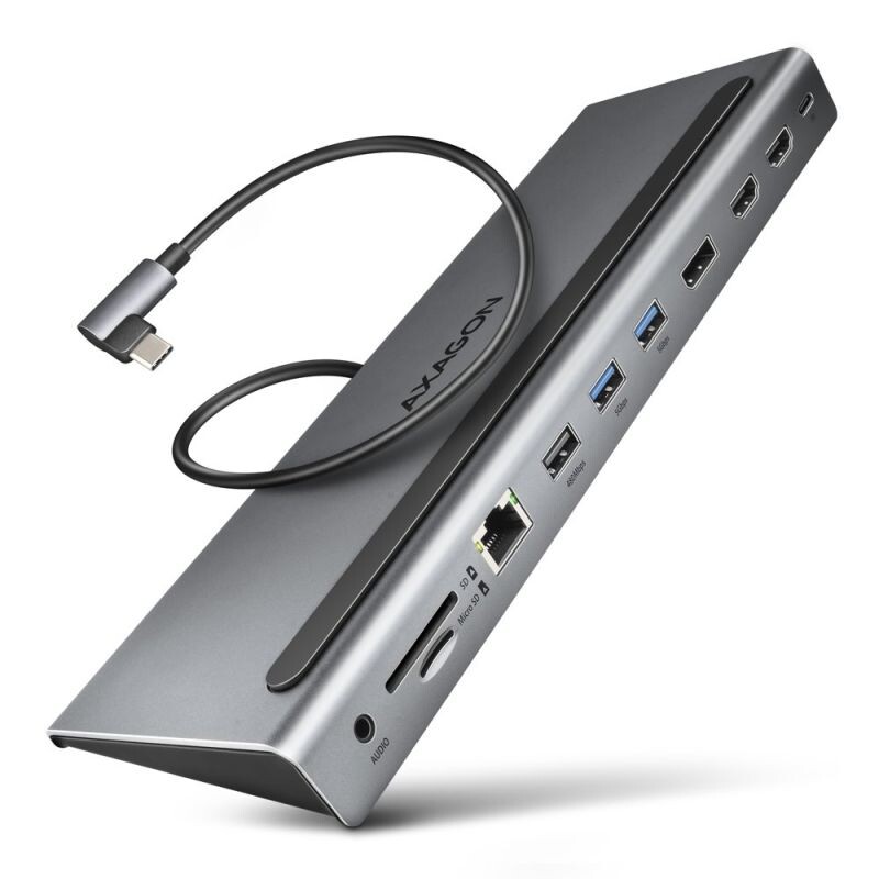 AXAGON HMC-4KX3 USB 5Gbps hub, 3x USB-A, 2x HDMI, DP, RJ-45 GLAN, SDmicroSD, audio, PD 100W, kábel USB-C 40cm HMC-4KX3