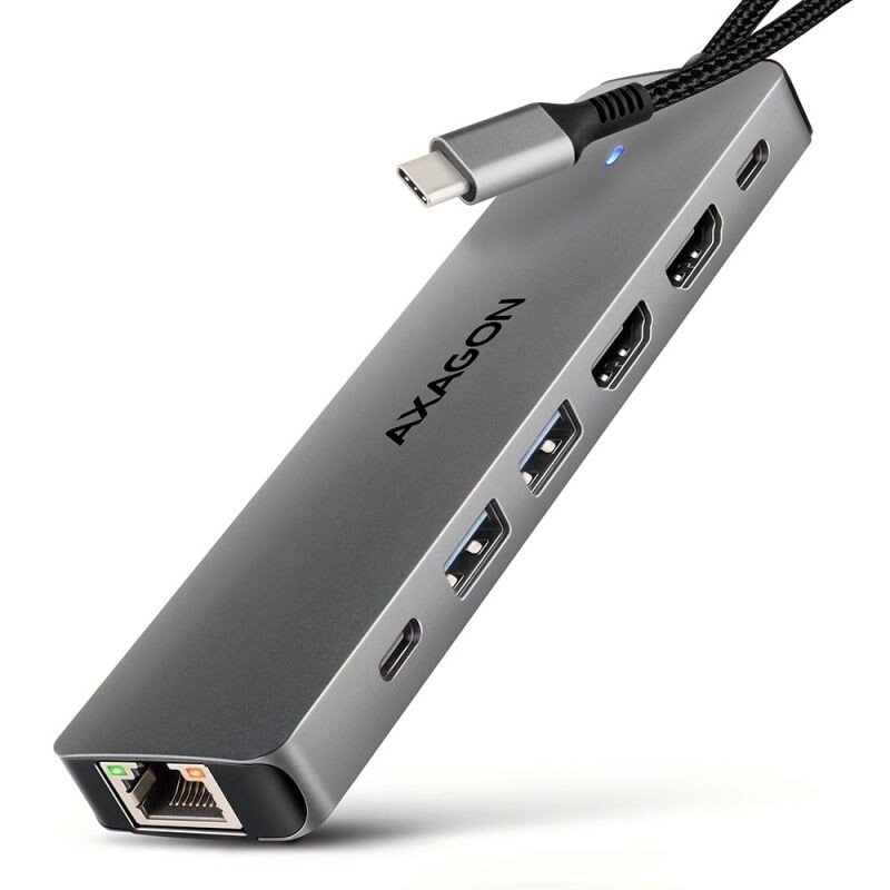 AXAGON HMC-7HX2, USB 5Gbps hub, 2x USB-A, USB-C, 2x HDMI 4k60Hz, RJ-45 GLAN, PD 100W, kábel USB-C 15cm HMC-7HX2