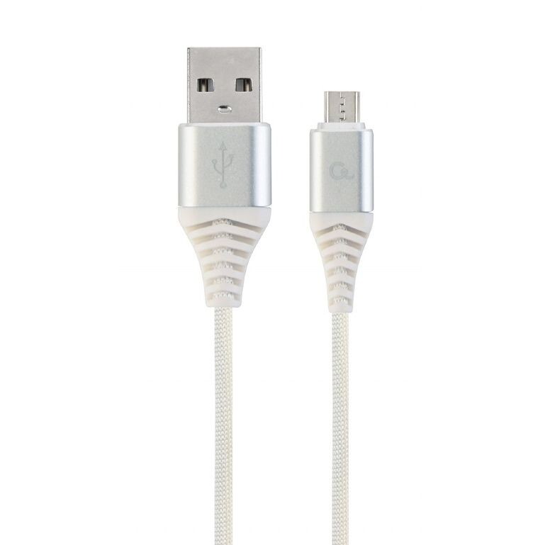 Kábel CABLEXPERT USB 2.0 AM na MicroUSB (AMBM), 2m, opletený, bielo-strieborný, blister, PREMIUM QUALITY CC-USB2B-AMmBM-2M-BW2