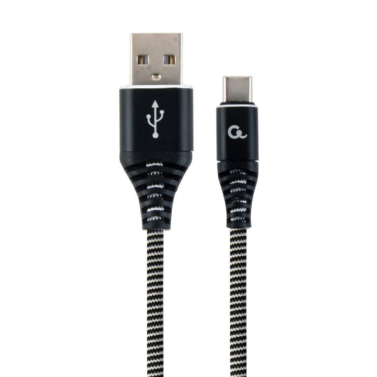Kábel CABLEXPERT USB 2.0 AM na Type-C kábel (AMCM), 2m, opletený, černo-biely, blister, PREMIUM QUALITY CC-USB2B-AMCM-2M-BW