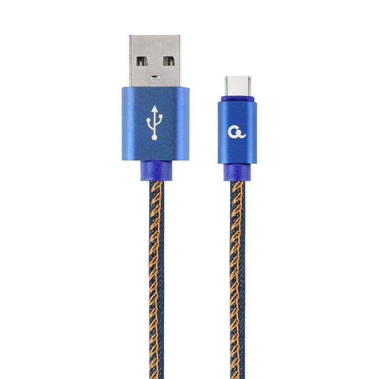 Kábel CABLEXPERT USB 2.0 AM na Type-C kábel (AMCM), 2m, opletený, jeans, blister, PREMIUM QUALITY CC-USB2J-AMCM-2M-BL