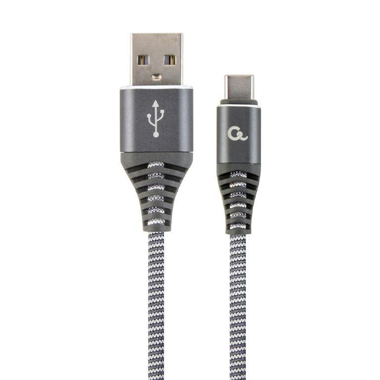 Kábel CABLEXPERT USB 2.0 AM na Type-C kábel (AMCM), 2m, opletený, šedo-biely, blister, PREMIUM QUALITY CC-USB2B-AMCM-2M-WB2