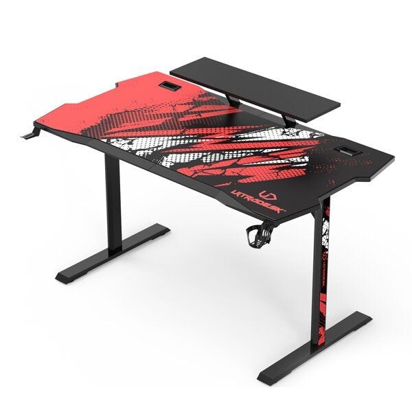ULTRADESK Herný stôl ATOMIC, 139x74cm, 76cm, s vyvýšeným stojanom na monitor,držiakom na slúcha, s celoplošnou XXL podl. UDESK-AT-BK