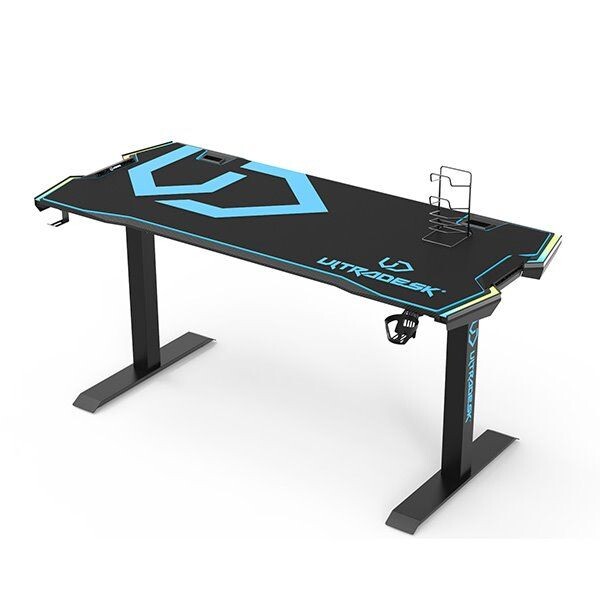 ULTRADESK Herný stôl FORCE - modrý, 166x70 cm, 76.5 cm, s XXL podložkou pod myš, držiak slúchadiel aj nápojov, RGB UDESK-FO-BL
