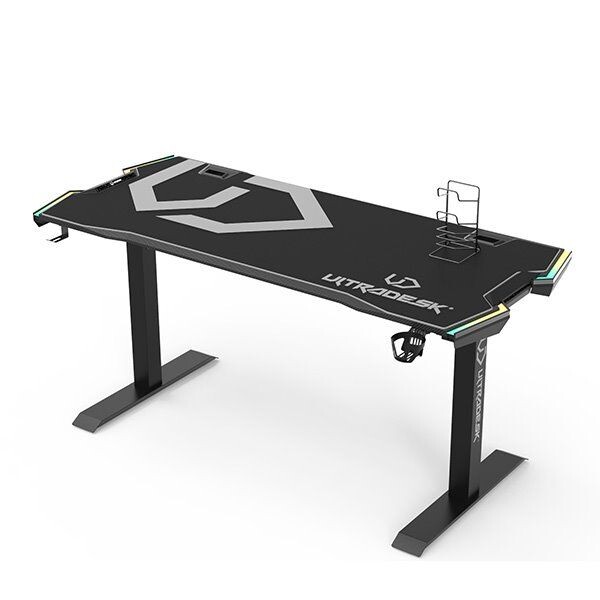 ULTRADESK Herný stôl FORCE - šedý, 166x70 cm, 76.5 cm, s XXL podložkou pod myš, držiak slúchadiel aj nápojov, RGB UDESK-FO-BG