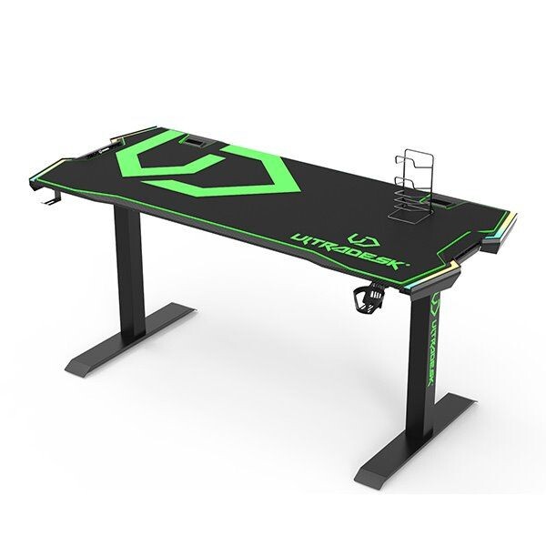 ULTRADESK Herný stôl FORCE - zelený, 166x70 cm, 76.5 cm, s XXL podložkou pod myš, držiak slúchadiel aj nápojov, RGB UDESK-FO-GR