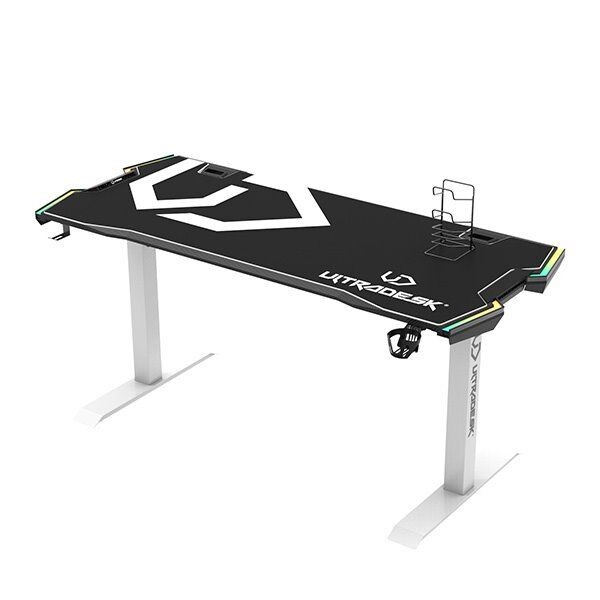 ULTRADESK Herný stôl FORCE SNOW - biely, 166x70 cm, 76.5 cm, s XXL podložkou pod myš, držiak slúchadiel aj nápojov, RGB UDESK-FO-WW