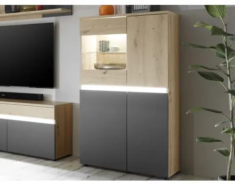 Presklená skrinka Lille, dub artisan/antracit, s osvetlením%