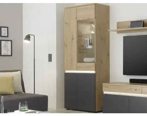 Vysoká vitrína Lille, dub artisan/antracit, s osvetlením%