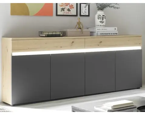 Široká komoda Lille, dub artisan/antracit, s osvetlením%