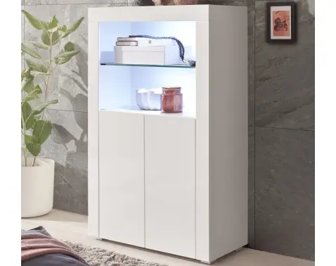 Vysoká skrinka Leeds, biela lesk, s osvetlením%