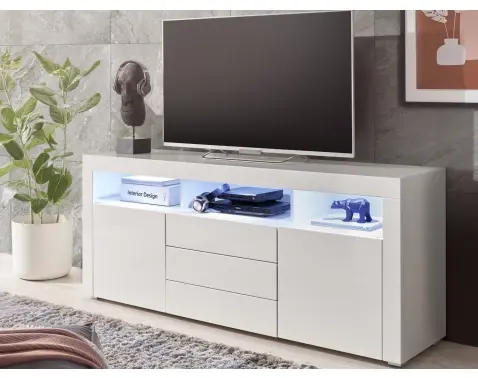 Široká TV skrinka Leeds, biela lesk, s osvetlením%