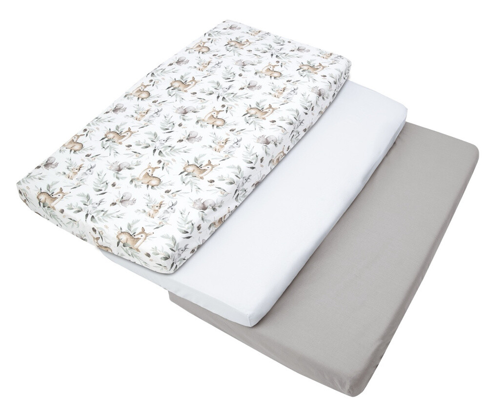 Medi Partners 3 – Pak – Fitted sheet for bed 120x60 – cotton – Deer in leaves – White – Gray