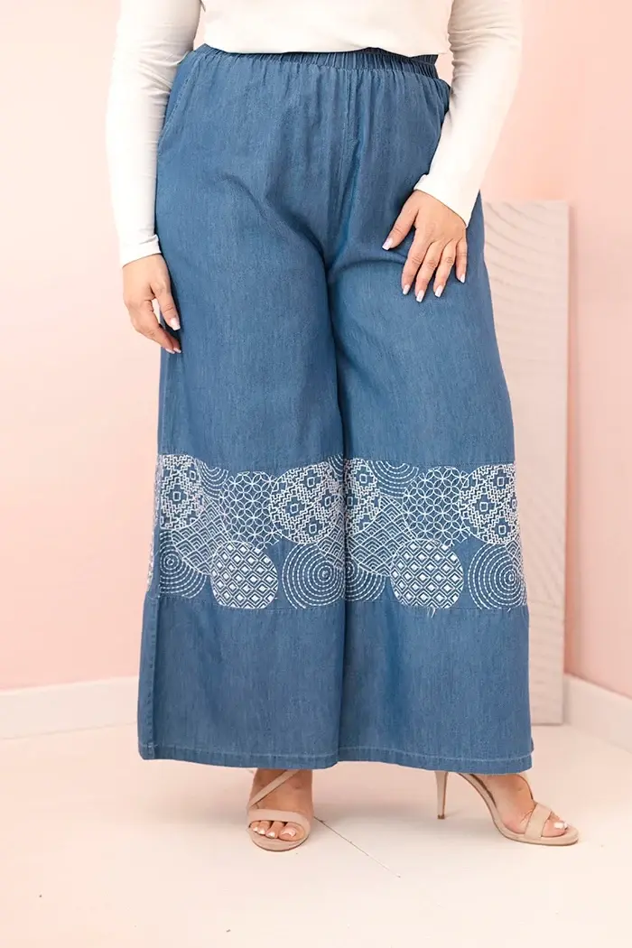 Kesi Włoski Dámske nohavice Plus Size so širokou nohavicou a etnickou výšivkou джинсовые