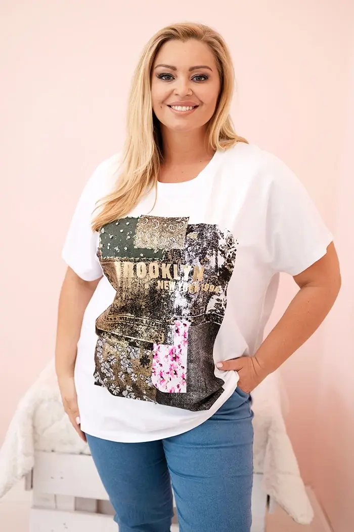 Kesi Włoski Dámska bavlnená blúzka Plus Size s farebnou potlačou biela + khaki
