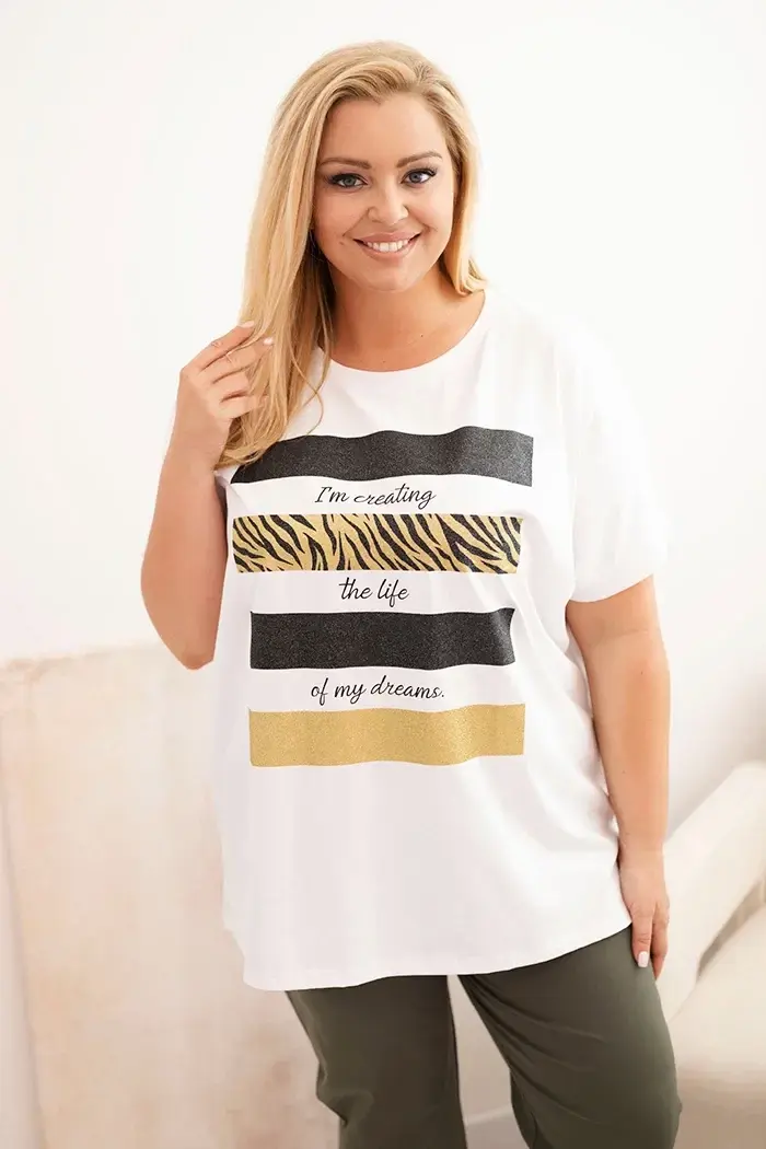 Kesi Włoski Dámska bavlnená blúzka Plus Size so zlatou potlačou s trblietkami biela