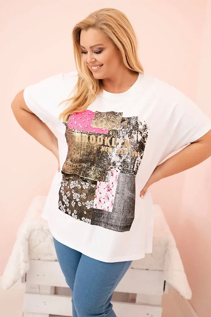 Kesi Włoski Dámska bavlnená blúzka Plus Size s farebnou potlačou biela + ružová