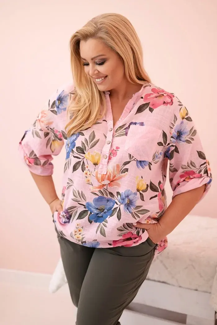 Kesi Włoski Dámska bavlnená blúzka Plus Size s kvetinovým vzorom svetloružová
