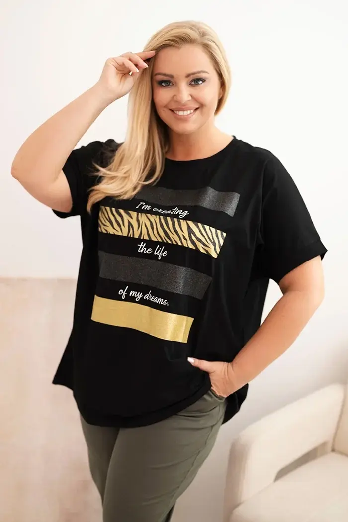 Kesi Włoski Dámska bavlnená blúzka Plus Size so zlatou potlačou s trblietkami čierna