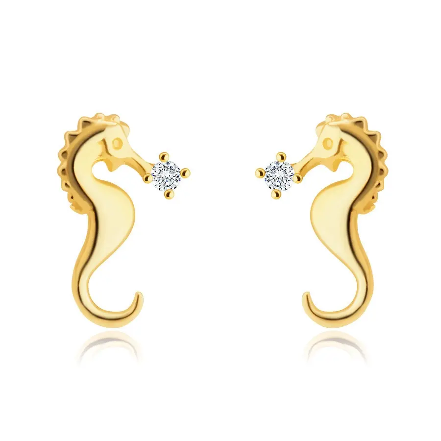 Puzetové zlaté 375 náušnice - motív morského koníka, trblietavý okrúhly zirkónik