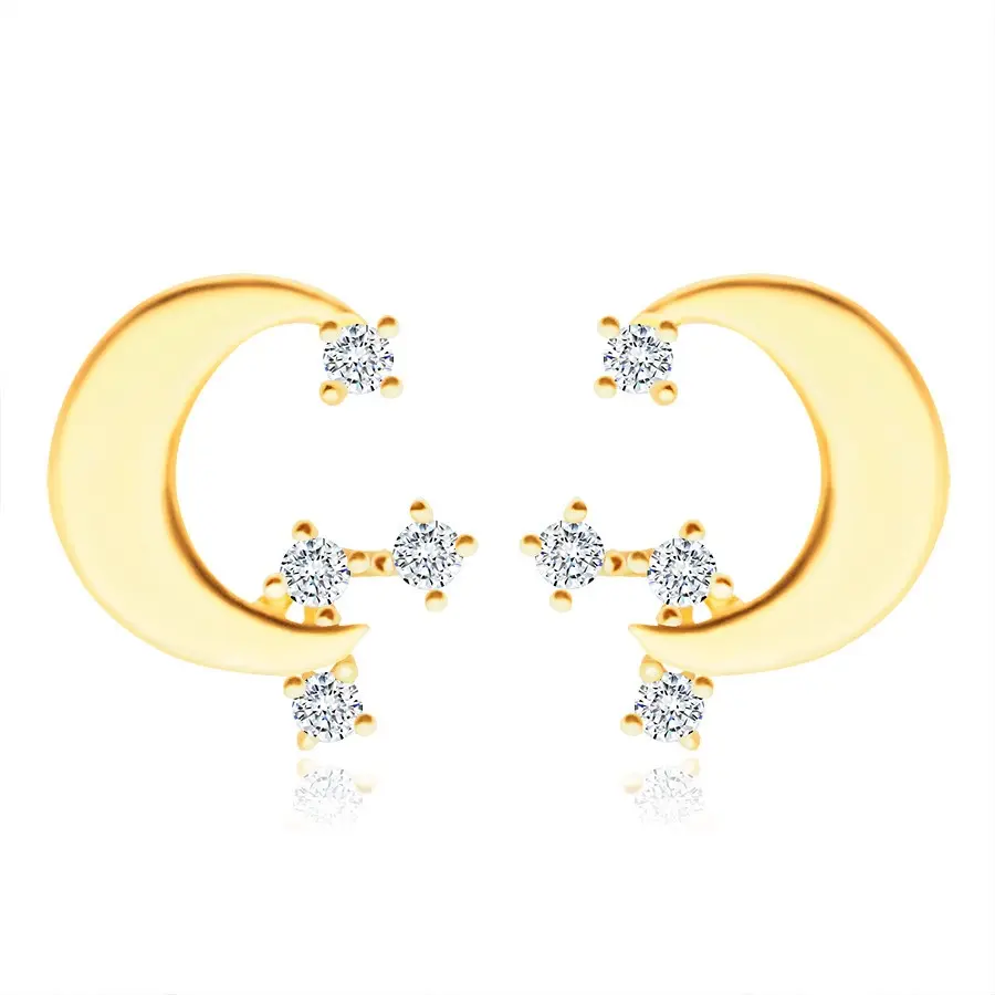 Puzetové náušnice v žltom 375 zlate - plochý mesiačik, okrúhle zirkóny čírej farby