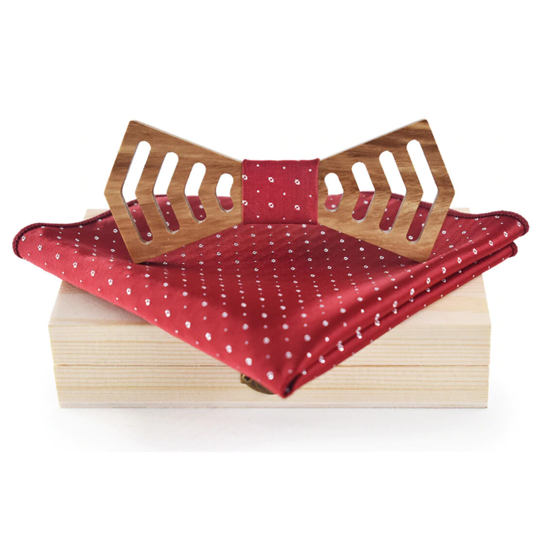 Drevený motýlik s vreckovkou Gaira - hnedý-červený