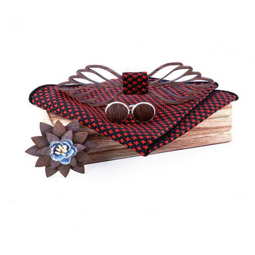 Drevený motýlik s vreckovkou a manžetovými gombíkmi a brošňou Gaira Air - hnedý-červený