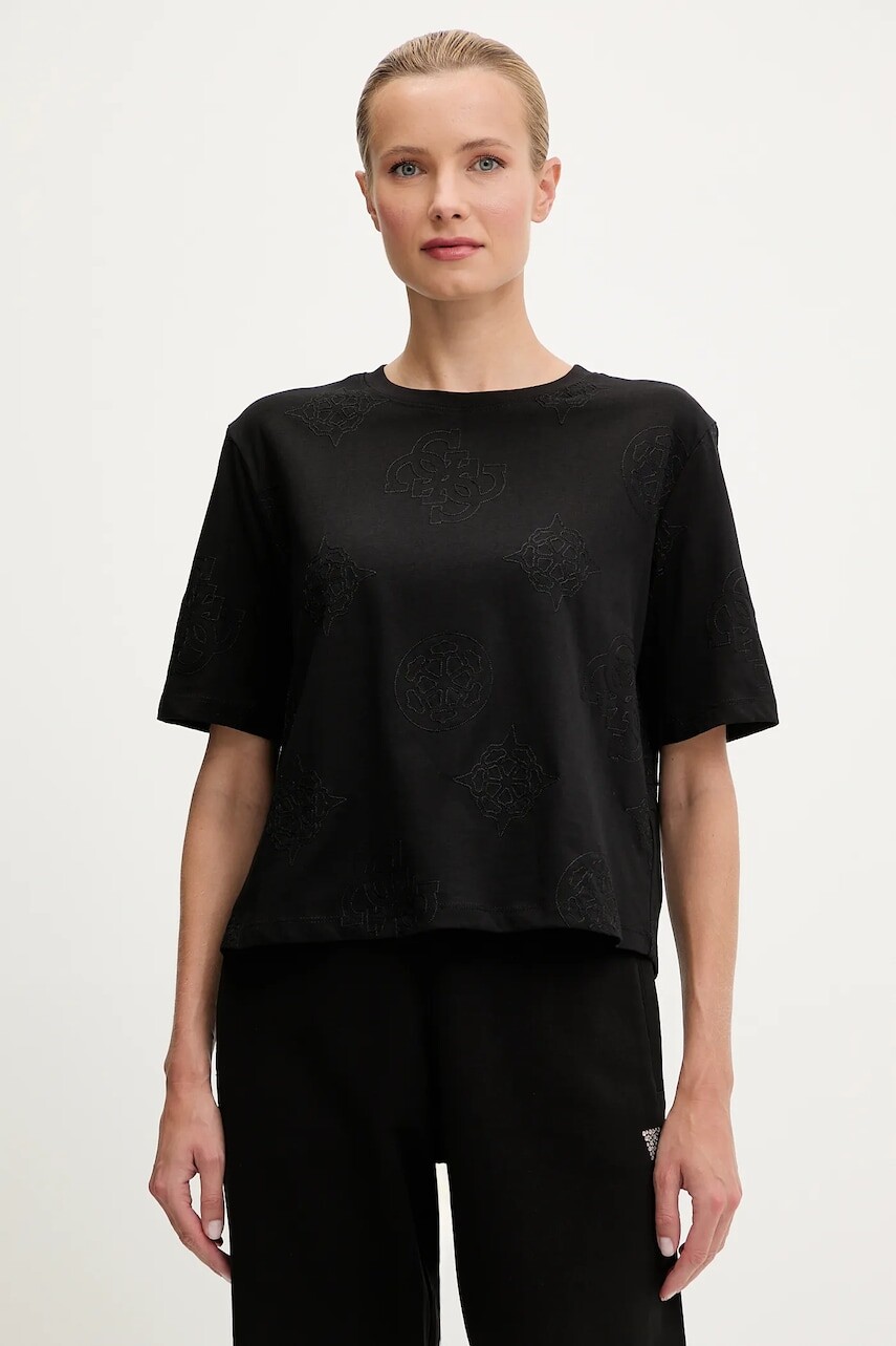 Bavlnené tričko Guess PEONY dámske, čierna farba, V5YI10 I3Z14